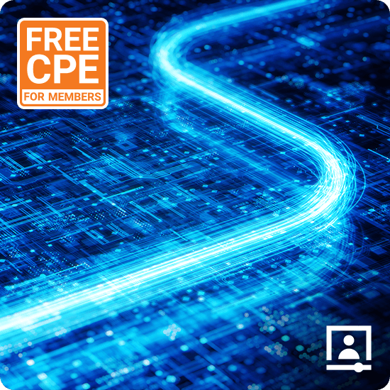 Blue, glowing digital data stream on a circuit board background with a "Free CPE for Members"