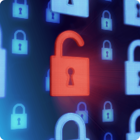 A red padlock surrounded by numerous blue keys, symbolizing security and access.