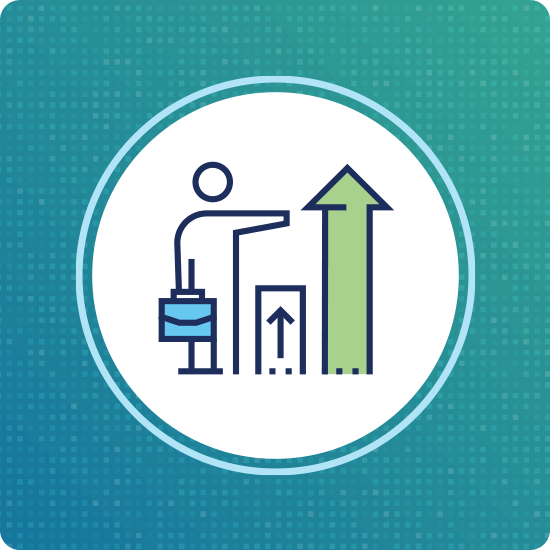 Icon of a person holding a briefcase, next to two up arrows