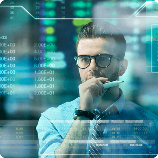 A man looks like he's thinking, with a digital overlay