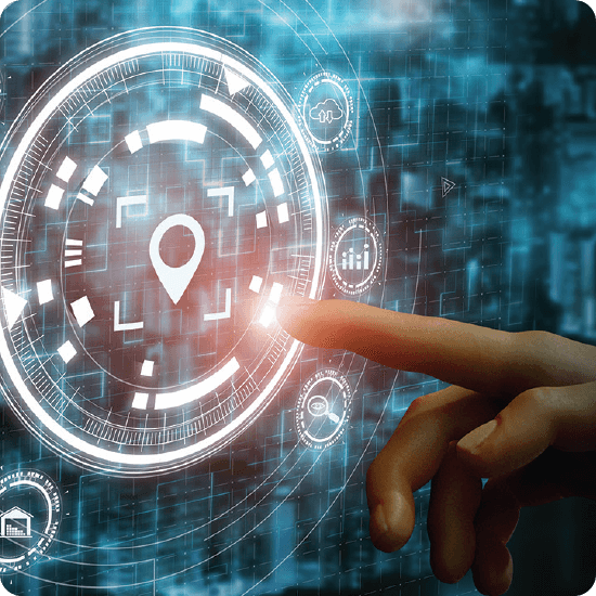 Finger pointing to circle with icons