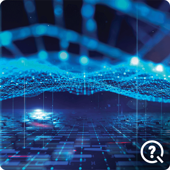 Blue background featuring a flowing wave pattern in lighter shades with quiz symbol.