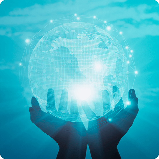 Hands holding a digital globe