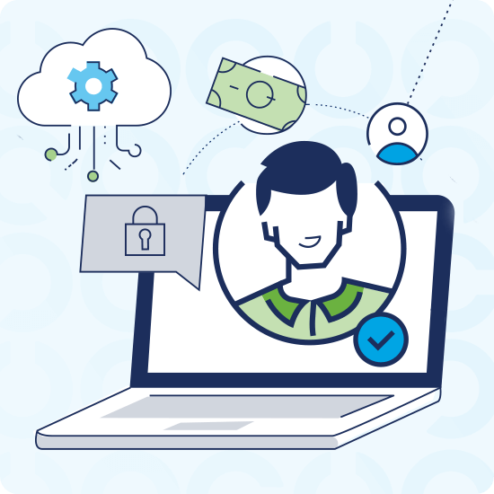 Illustration of a laptop, cloud, padlock, dollar bill and a person