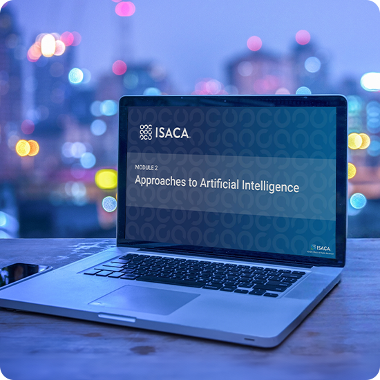 An open laptop with ISACA content